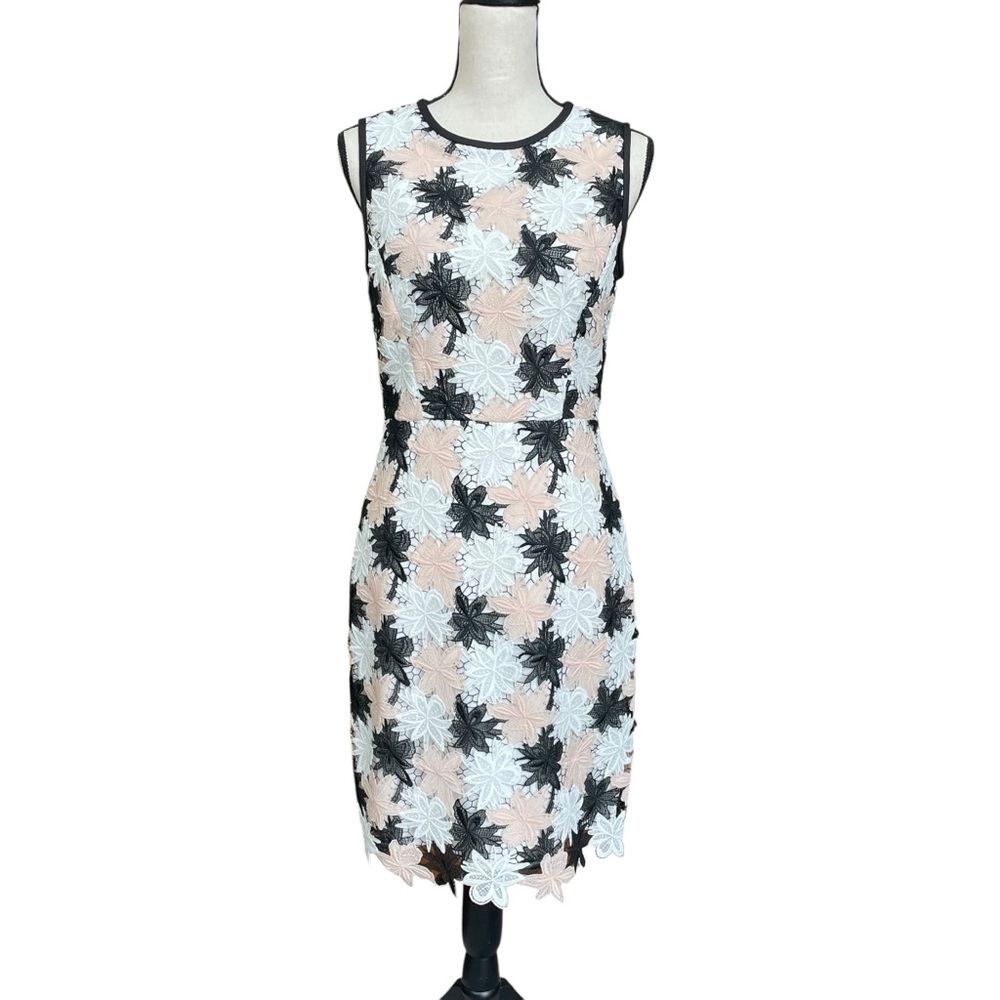 ♠️ Kate Spade Sleeveless Floral Appliqué Sheath Dress in White, Blush & Black